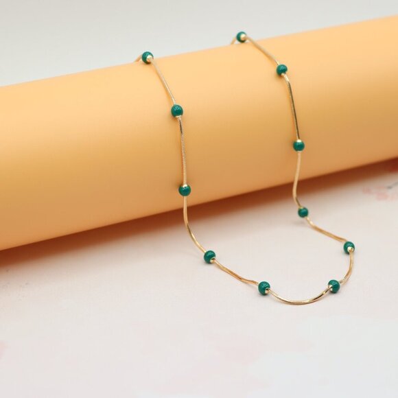 "Rose Gold Necklace with Green Beads, XPNL0132 - Picture 3 of 12